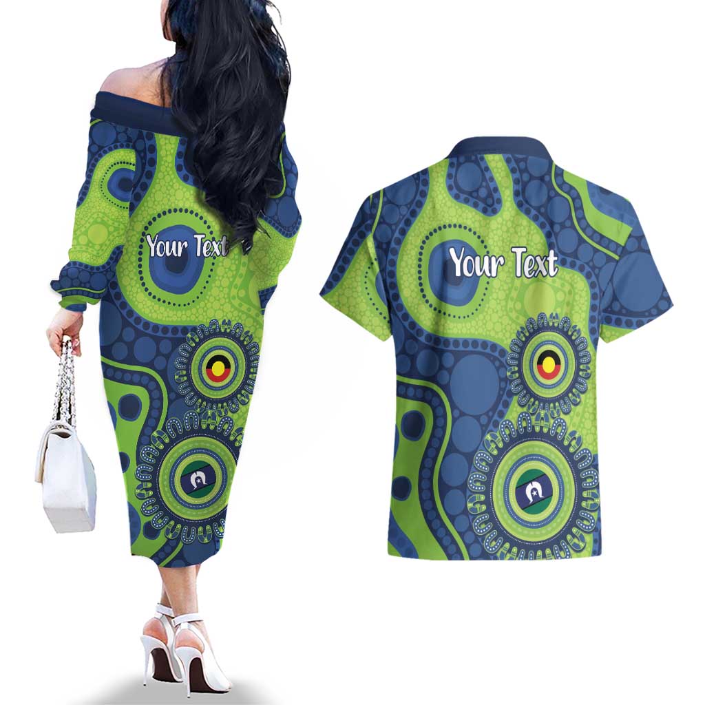 Canberra Raiders NAIDOC Week 2026 Personalised Couples Matching Off The Shoulder Long Sleeve Dress and Hawaiian Shirt 50 Years of Deadly Aboriginal Art