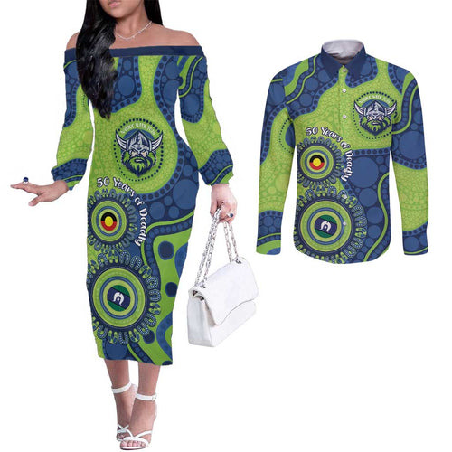 Canberra Raiders NAIDOC Week 2026 Personalised Couples Matching Off The Shoulder Long Sleeve Dress and Long Sleeve Button Shirt 50 Years of Deadly Aboriginal Art