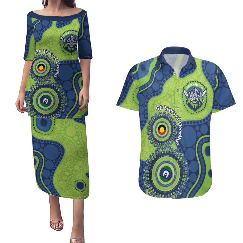 Canberra Raiders NAIDOC Week 2026 Personalised Couples Matching Puletasi and Hawaiian Shirt 50 Years of Deadly Aboriginal Art