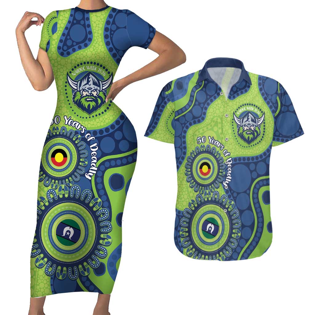 Canberra Raiders NAIDOC Week 2026 Personalised Couples Matching Short Sleeve Bodycon Dress and Hawaiian Shirt 50 Years of Deadly Aboriginal Art