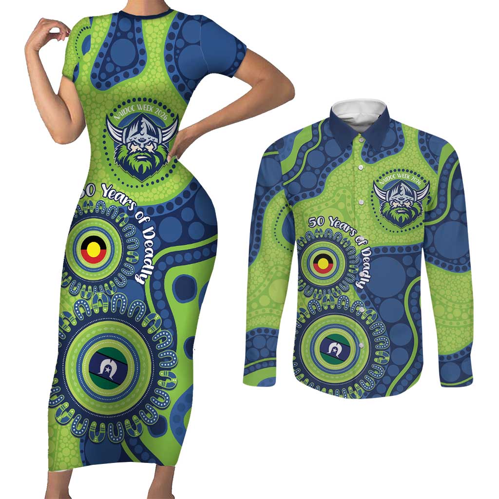Canberra Raiders NAIDOC Week 2026 Personalised Couples Matching Short Sleeve Bodycon Dress and Long Sleeve Button Shirt 50 Years of Deadly Aboriginal Art