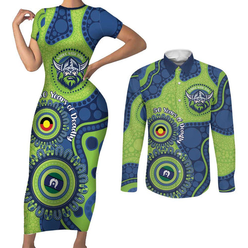 Canberra Raiders NAIDOC Week 2026 Personalised Couples Matching Short Sleeve Bodycon Dress and Long Sleeve Button Shirt 50 Years of Deadly Aboriginal Art