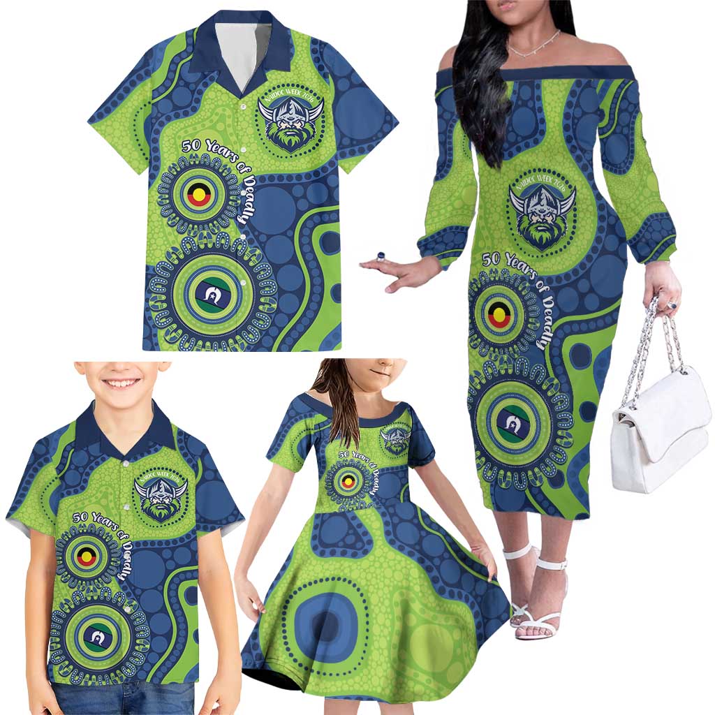 Canberra Raiders NAIDOC Week 2026 Personalised Family Matching Off The Shoulder Long Sleeve Dress and Hawaiian Shirt 50 Years of Deadly Aboriginal Art