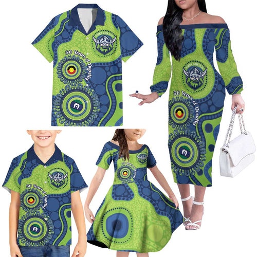 Canberra Raiders NAIDOC Week 2026 Personalised Family Matching Off The Shoulder Long Sleeve Dress and Hawaiian Shirt 50 Years of Deadly Aboriginal Art