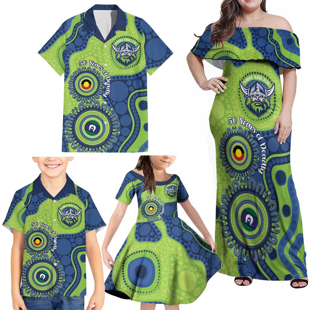Canberra Raiders NAIDOC Week 2026 Personalised Family Matching Off Shoulder Maxi Dress and Hawaiian Shirt 50 Years of Deadly Aboriginal Art