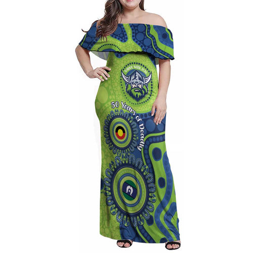 Canberra Raiders NAIDOC Week 2026 Personalised Family Matching Off Shoulder Maxi Dress and Hawaiian Shirt 50 Years of Deadly Aboriginal Art