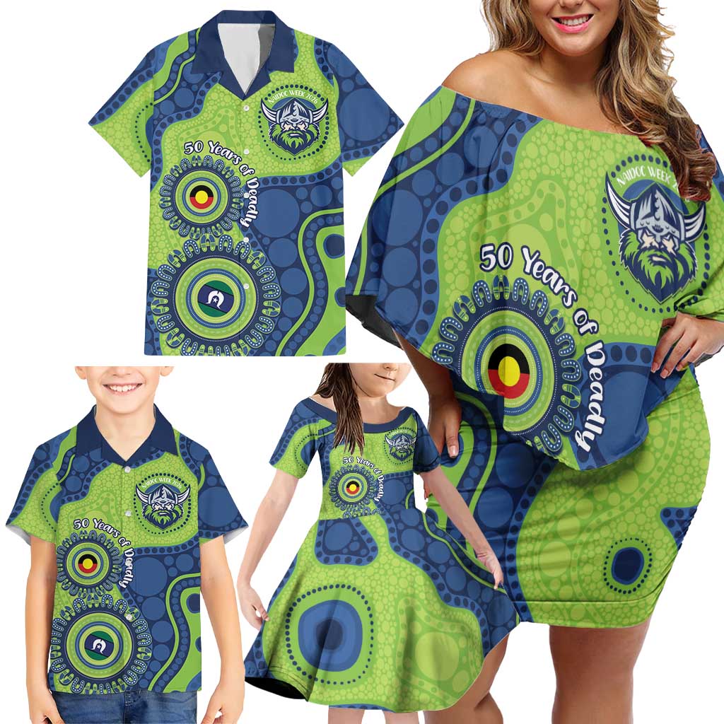 Canberra Raiders NAIDOC Week 2026 Personalised Family Matching Off Shoulder Short Dress and Hawaiian Shirt 50 Years of Deadly Aboriginal Art
