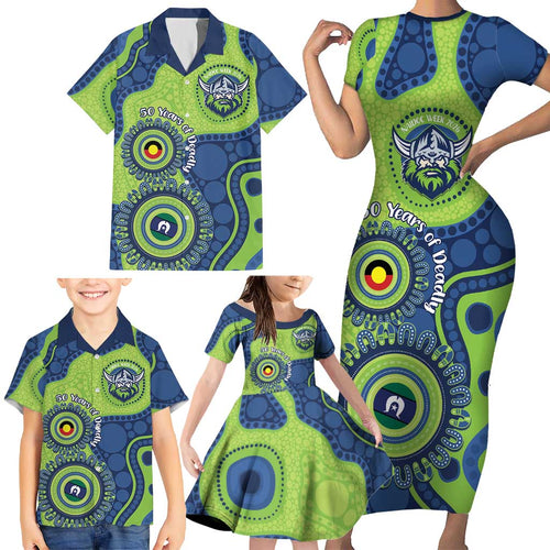 Canberra Raiders NAIDOC Week 2026 Personalised Family Matching Short Sleeve Bodycon Dress and Hawaiian Shirt 50 Years of Deadly Aboriginal Art