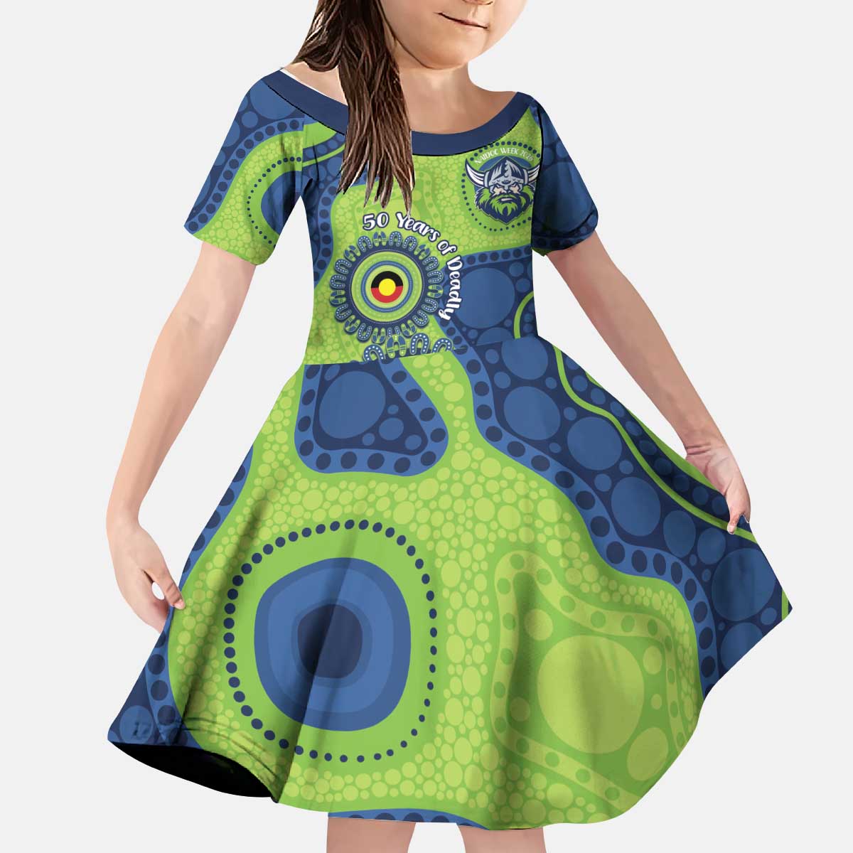 Canberra Raiders NAIDOC Week 2026 Personalised Kid Short Sleeve Dress 50 Years of Deadly Aboriginal Art