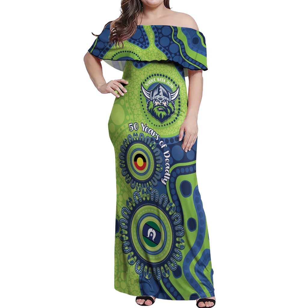 Canberra Raiders NAIDOC Week 2026 Personalised Off Shoulder Maxi Dress 50 Years of Deadly Aboriginal Art