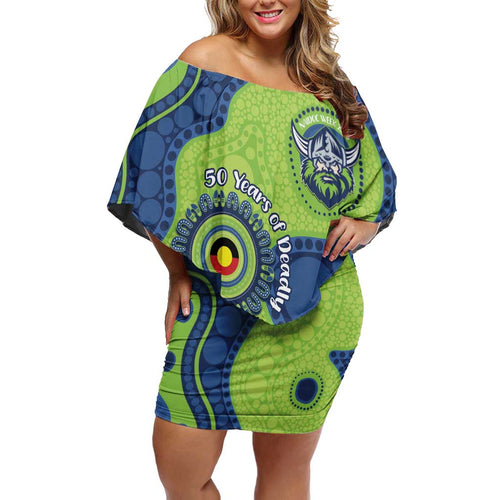Canberra Raiders NAIDOC Week 2026 Personalised Off Shoulder Short Dress 50 Years of Deadly Aboriginal Art