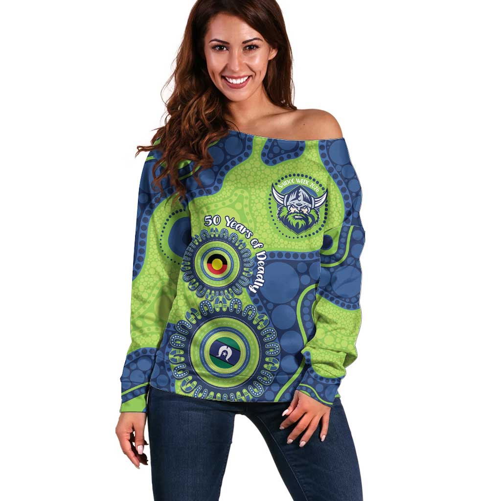 Canberra Raiders NAIDOC Week 2026 Personalised Off Shoulder Sweater 50 Years of Deadly Aboriginal Art