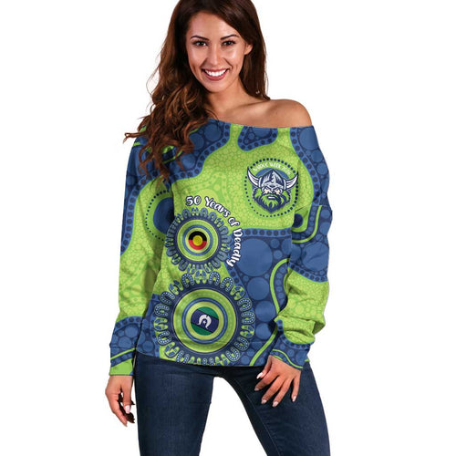 Canberra Raiders NAIDOC Week 2026 Personalised Off Shoulder Sweater 50 Years of Deadly Aboriginal Art