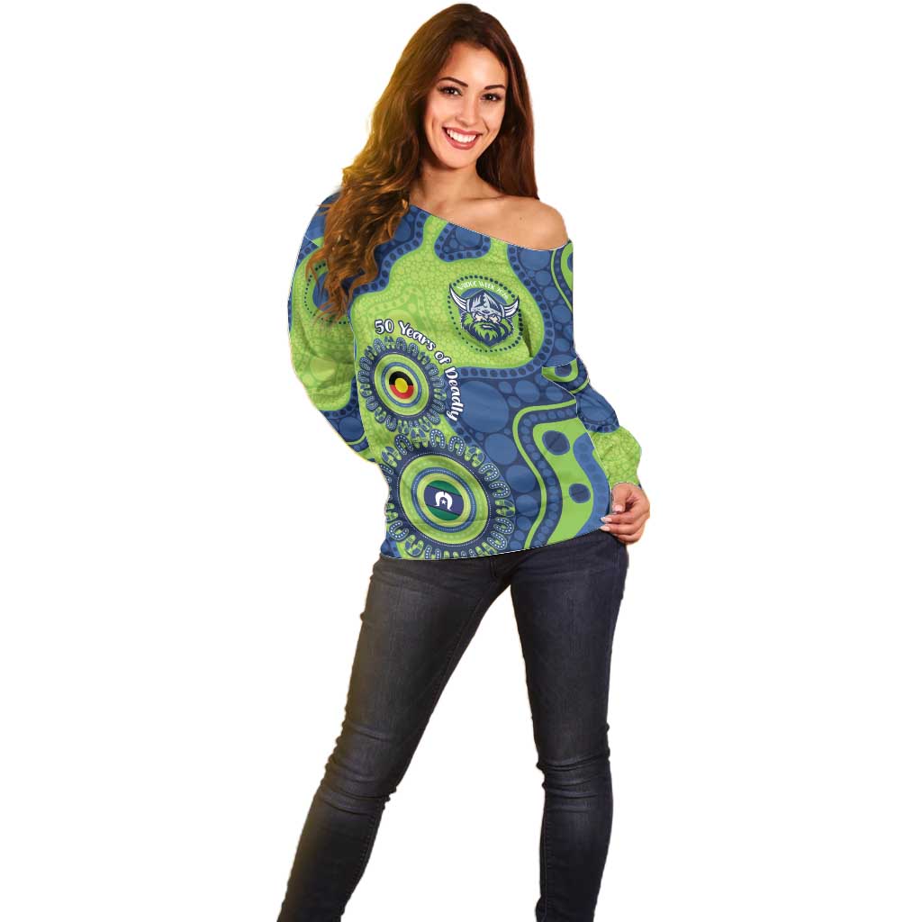 Canberra Raiders NAIDOC Week 2026 Personalised Off Shoulder Sweater 50 Years of Deadly Aboriginal Art
