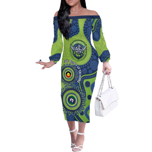 Canberra Raiders NAIDOC Week 2026 Personalised Off The Shoulder Long Sleeve Dress 50 Years of Deadly Aboriginal Art
