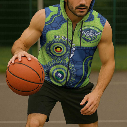 Canberra Raiders NAIDOC Week 2026 Personalised Sleeveless Zip Hoodie 50 Years of Deadly Aboriginal Art