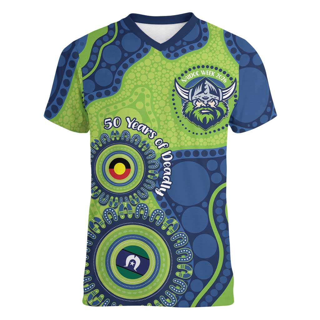 Canberra Raiders NAIDOC Week 2026 Personalised Women V-Neck T-Shirt 50 Years of Deadly Aboriginal Art