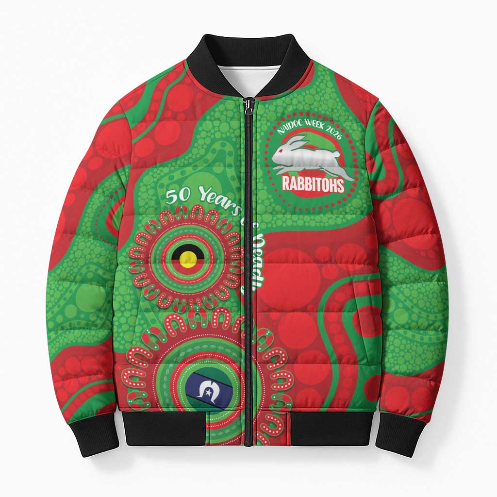 Rabbitohs NAIDOC Week 2026 Personalised Bomber Puffer Jacket 50 Years of Deadly Aboriginal Art