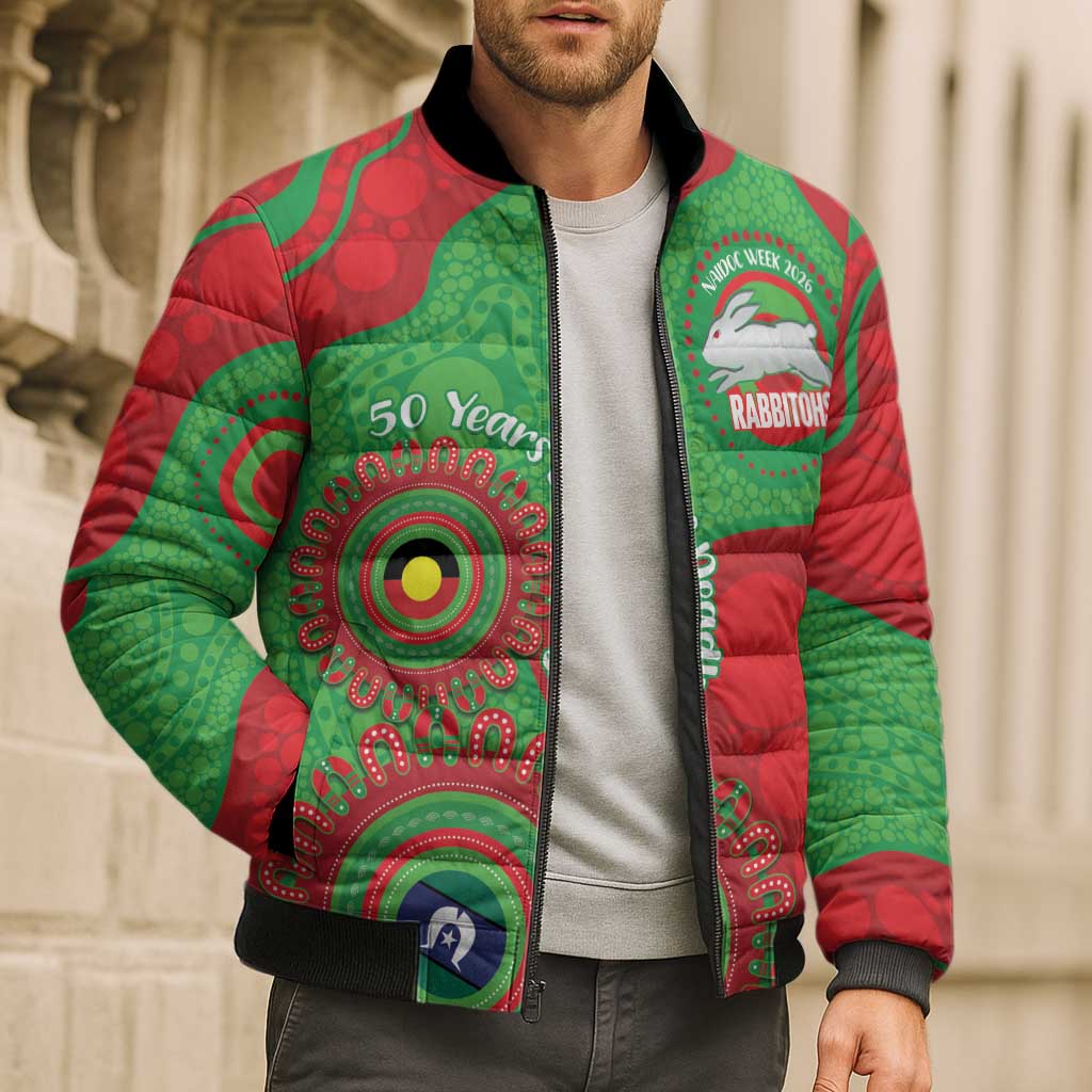 Rabbitohs NAIDOC Week 2026 Personalised Bomber Puffer Jacket 50 Years of Deadly Aboriginal Art