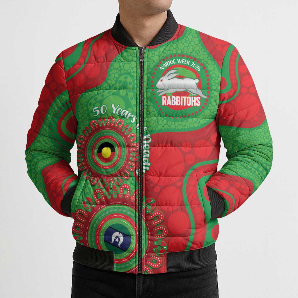 Rabbitohs NAIDOC Week 2026 Personalised Bomber Puffer Jacket 50 Years of Deadly Aboriginal Art