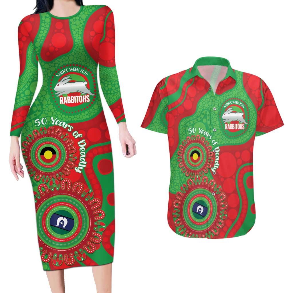 Rabbitohs NAIDOC Week 2026 Personalised Couples Matching Long Sleeve Bodycon Dress and Hawaiian Shirt 50 Years of Deadly Aboriginal Art