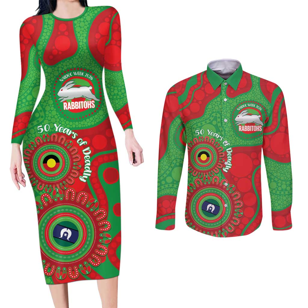 Rabbitohs NAIDOC Week 2026 Personalised Couples Matching Long Sleeve Bodycon Dress and Long Sleeve Button Shirt 50 Years of Deadly Aboriginal Art