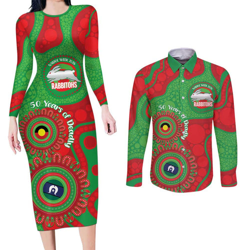 Rabbitohs NAIDOC Week 2026 Personalised Couples Matching Long Sleeve Bodycon Dress and Long Sleeve Button Shirt 50 Years of Deadly Aboriginal Art