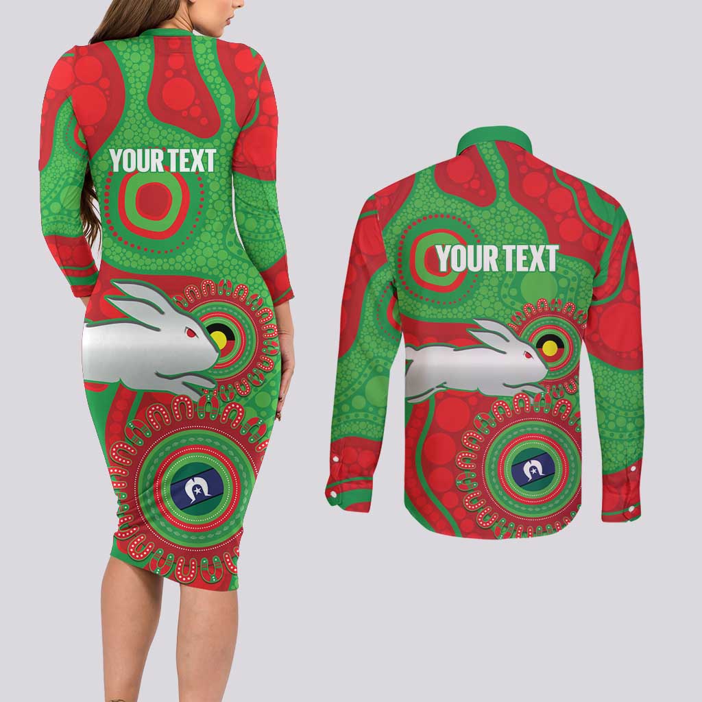 Rabbitohs NAIDOC Week 2026 Personalised Couples Matching Long Sleeve Bodycon Dress and Long Sleeve Button Shirt 50 Years of Deadly Aboriginal Art