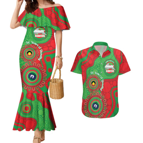 Rabbitohs NAIDOC Week 2026 Personalised Couples Matching Mermaid Dress and Hawaiian Shirt 50 Years of Deadly Aboriginal Art