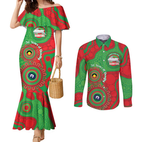 Rabbitohs NAIDOC Week 2026 Personalised Couples Matching Mermaid Dress and Long Sleeve Button Shirt 50 Years of Deadly Aboriginal Art