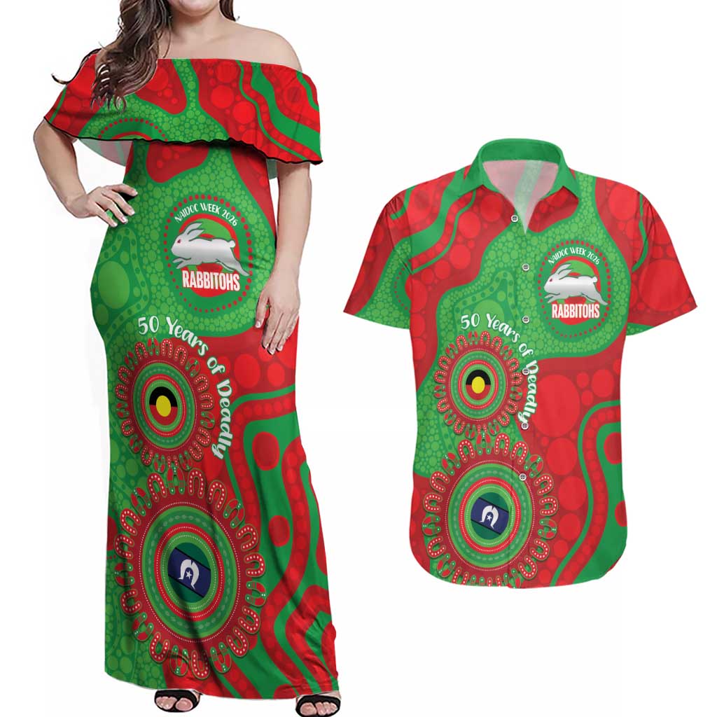Rabbitohs NAIDOC Week 2026 Personalised Couples Matching Off Shoulder Maxi Dress and Hawaiian Shirt 50 Years of Deadly Aboriginal Art