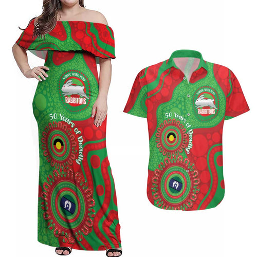 Rabbitohs NAIDOC Week 2026 Personalised Couples Matching Off Shoulder Maxi Dress and Hawaiian Shirt 50 Years of Deadly Aboriginal Art
