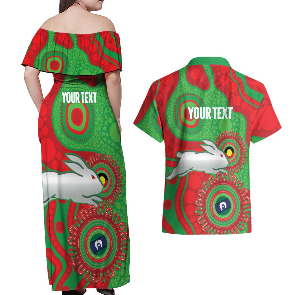 Rabbitohs NAIDOC Week 2026 Personalised Couples Matching Off Shoulder Maxi Dress and Hawaiian Shirt 50 Years of Deadly Aboriginal Art