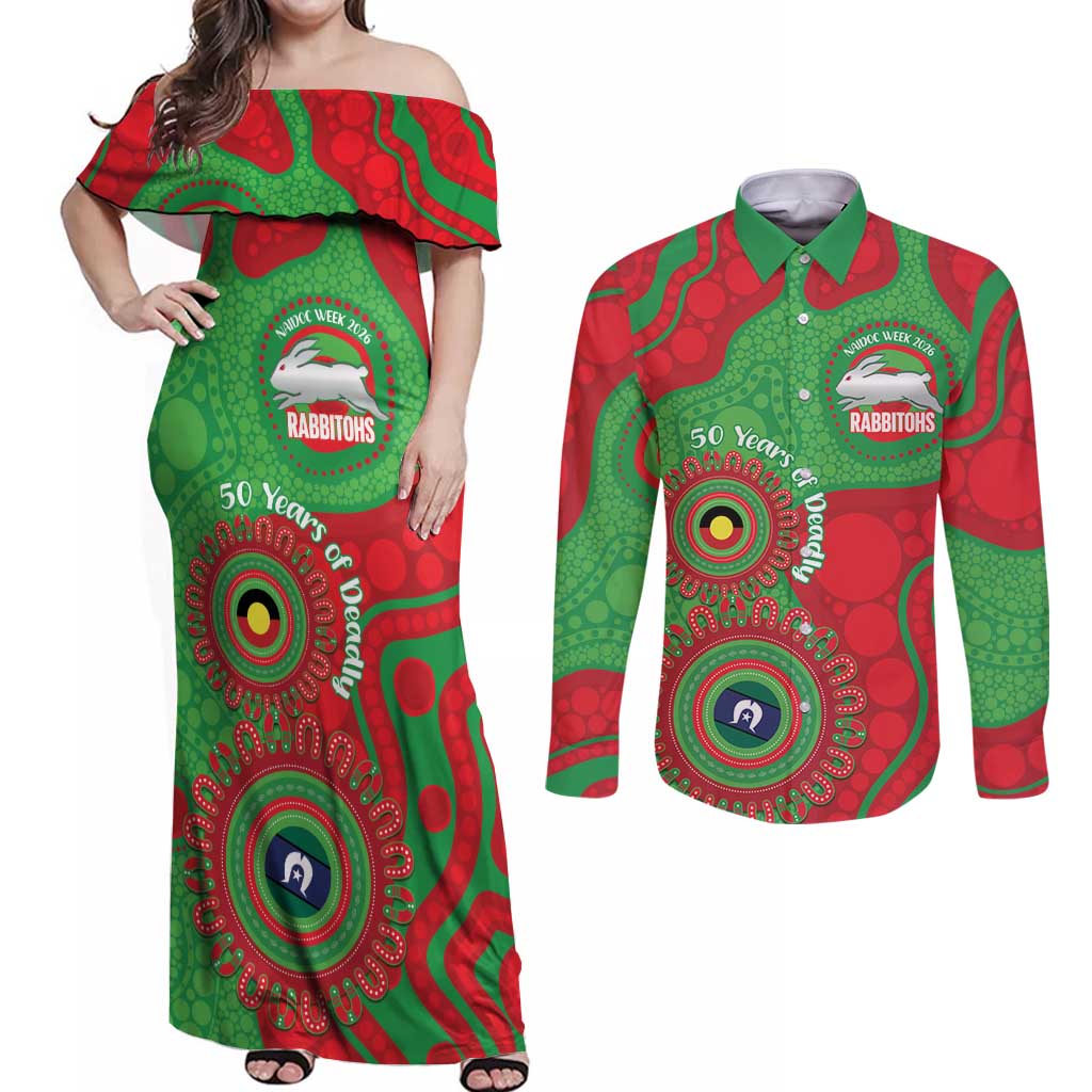 Rabbitohs NAIDOC Week 2026 Personalised Couples Matching Off Shoulder Maxi Dress and Long Sleeve Button Shirt 50 Years of Deadly Aboriginal Art
