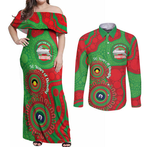 Rabbitohs NAIDOC Week 2026 Personalised Couples Matching Off Shoulder Maxi Dress and Long Sleeve Button Shirt 50 Years of Deadly Aboriginal Art