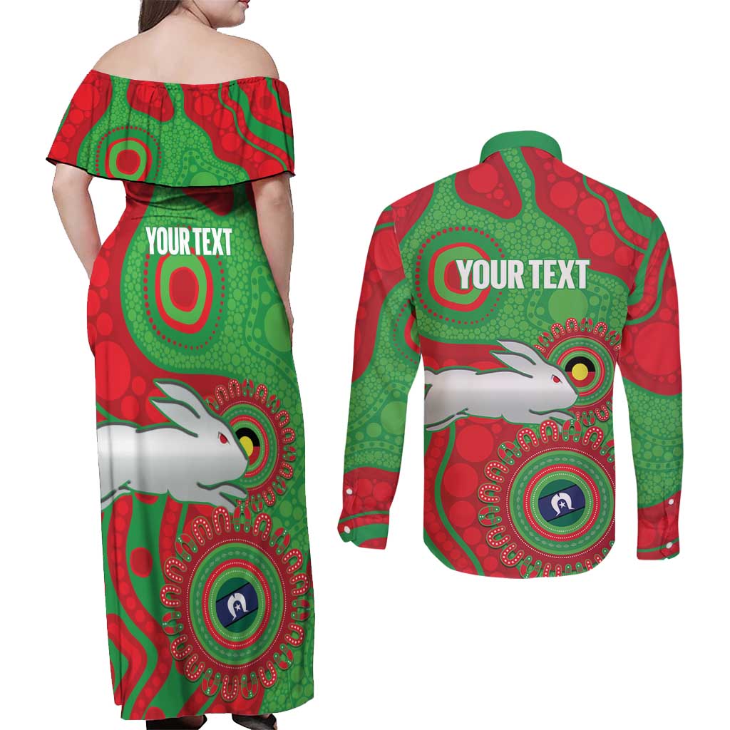 Rabbitohs NAIDOC Week 2026 Personalised Couples Matching Off Shoulder Maxi Dress and Long Sleeve Button Shirt 50 Years of Deadly Aboriginal Art