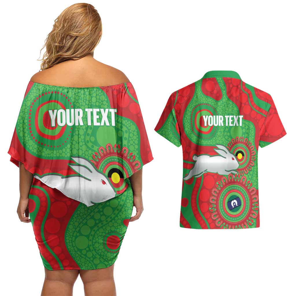 Rabbitohs NAIDOC Week 2026 Personalised Couples Matching Off Shoulder Short Dress and Hawaiian Shirt 50 Years of Deadly Aboriginal Art