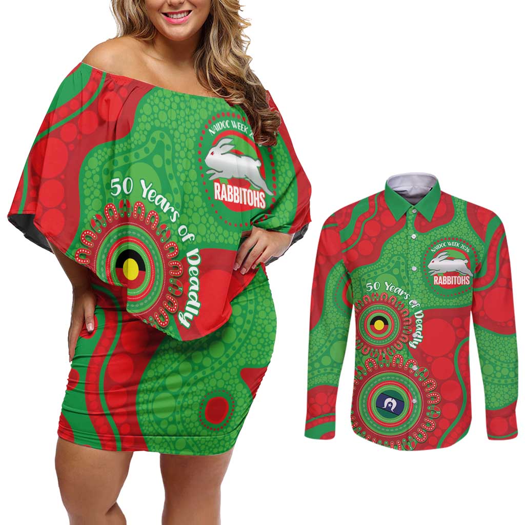 Rabbitohs NAIDOC Week 2026 Personalised Couples Matching Off Shoulder Short Dress and Long Sleeve Button Shirt 50 Years of Deadly Aboriginal Art
