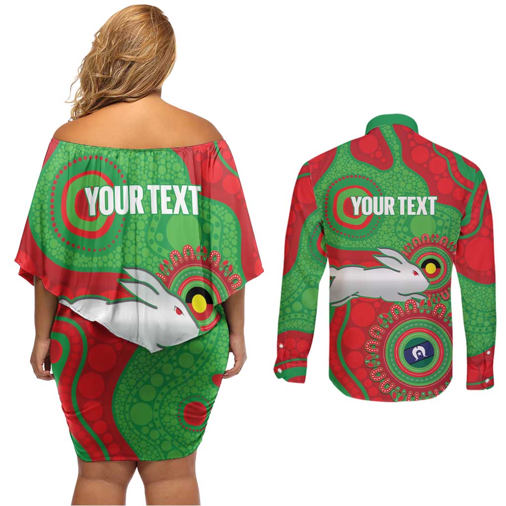 Rabbitohs NAIDOC Week 2026 Personalised Couples Matching Off Shoulder Short Dress and Long Sleeve Button Shirt 50 Years of Deadly Aboriginal Art