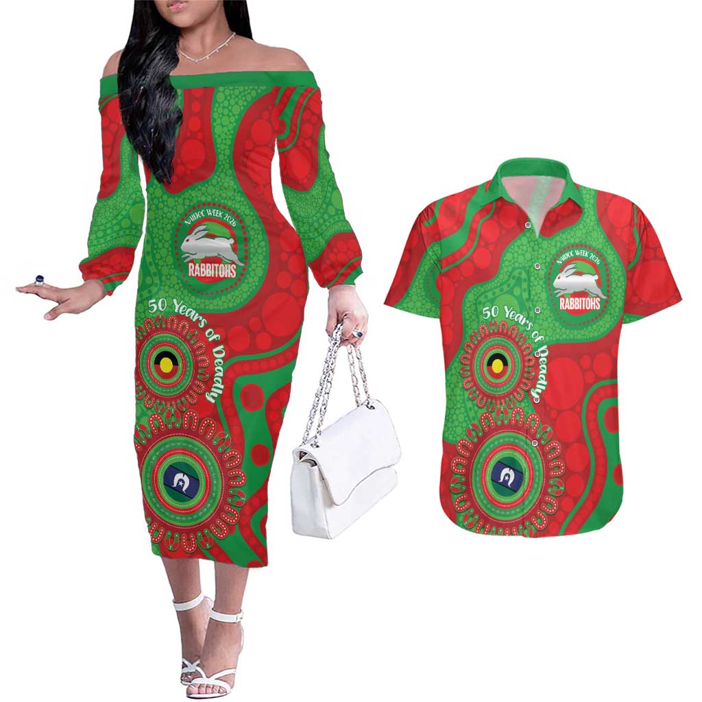 Rabbitohs NAIDOC Week 2026 Personalised Couples Matching Off The Shoulder Long Sleeve Dress and Hawaiian Shirt 50 Years of Deadly Aboriginal Art