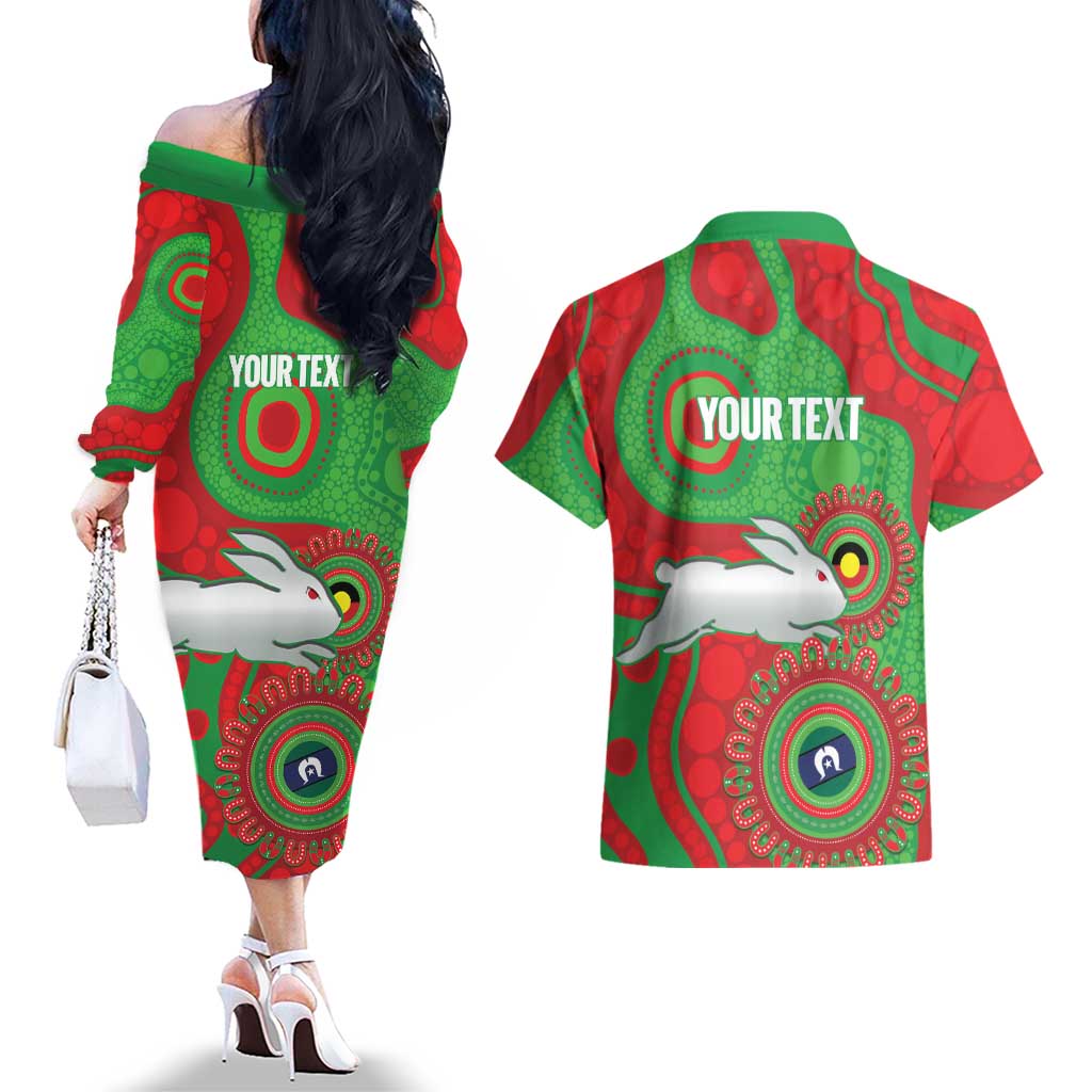 Rabbitohs NAIDOC Week 2026 Personalised Couples Matching Off The Shoulder Long Sleeve Dress and Hawaiian Shirt 50 Years of Deadly Aboriginal Art