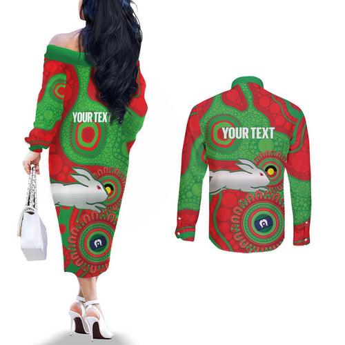Rabbitohs NAIDOC Week 2026 Personalised Couples Matching Off The Shoulder Long Sleeve Dress and Long Sleeve Button Shirt 50 Years of Deadly Aboriginal Art