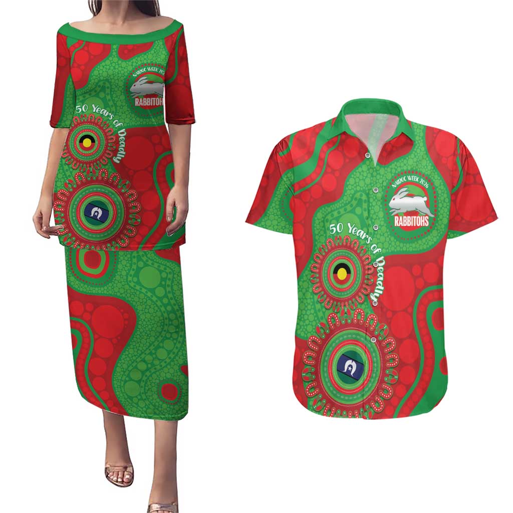 Rabbitohs NAIDOC Week 2026 Personalised Couples Matching Puletasi and Hawaiian Shirt 50 Years of Deadly Aboriginal Art