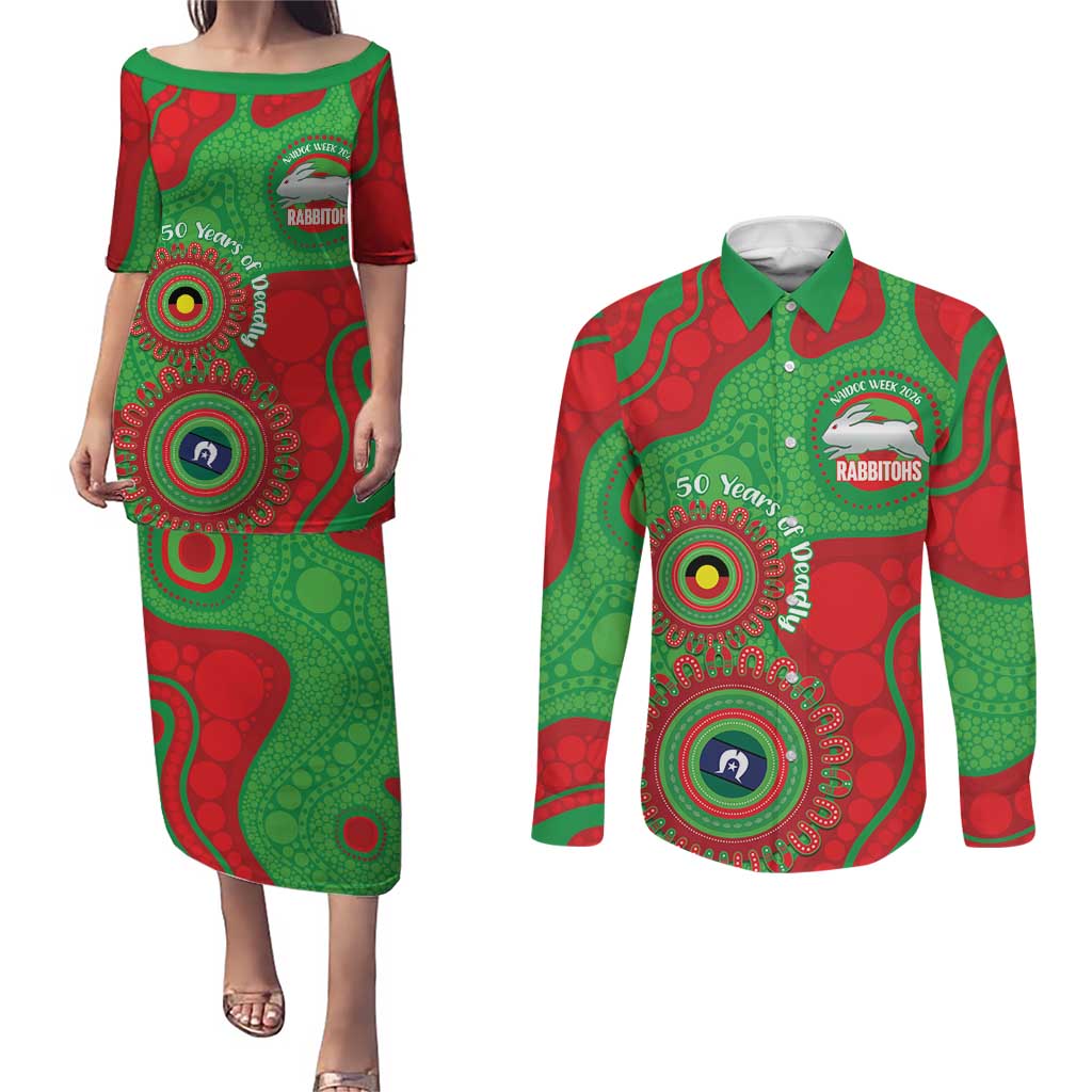 Rabbitohs NAIDOC Week 2026 Personalised Couples Matching Puletasi and Long Sleeve Button Shirt 50 Years of Deadly Aboriginal Art