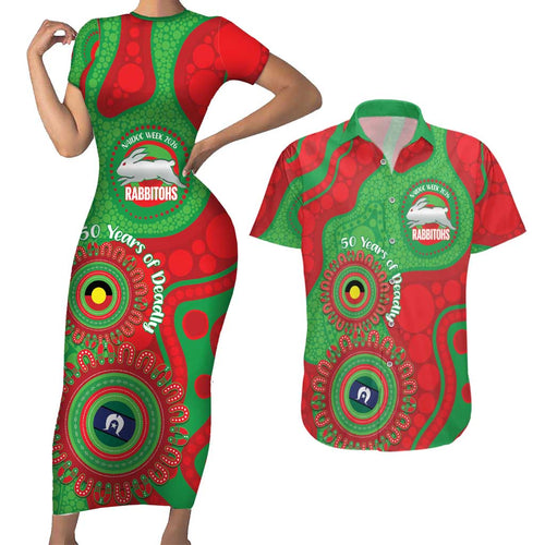 Rabbitohs NAIDOC Week 2026 Personalised Couples Matching Short Sleeve Bodycon Dress and Hawaiian Shirt 50 Years of Deadly Aboriginal Art