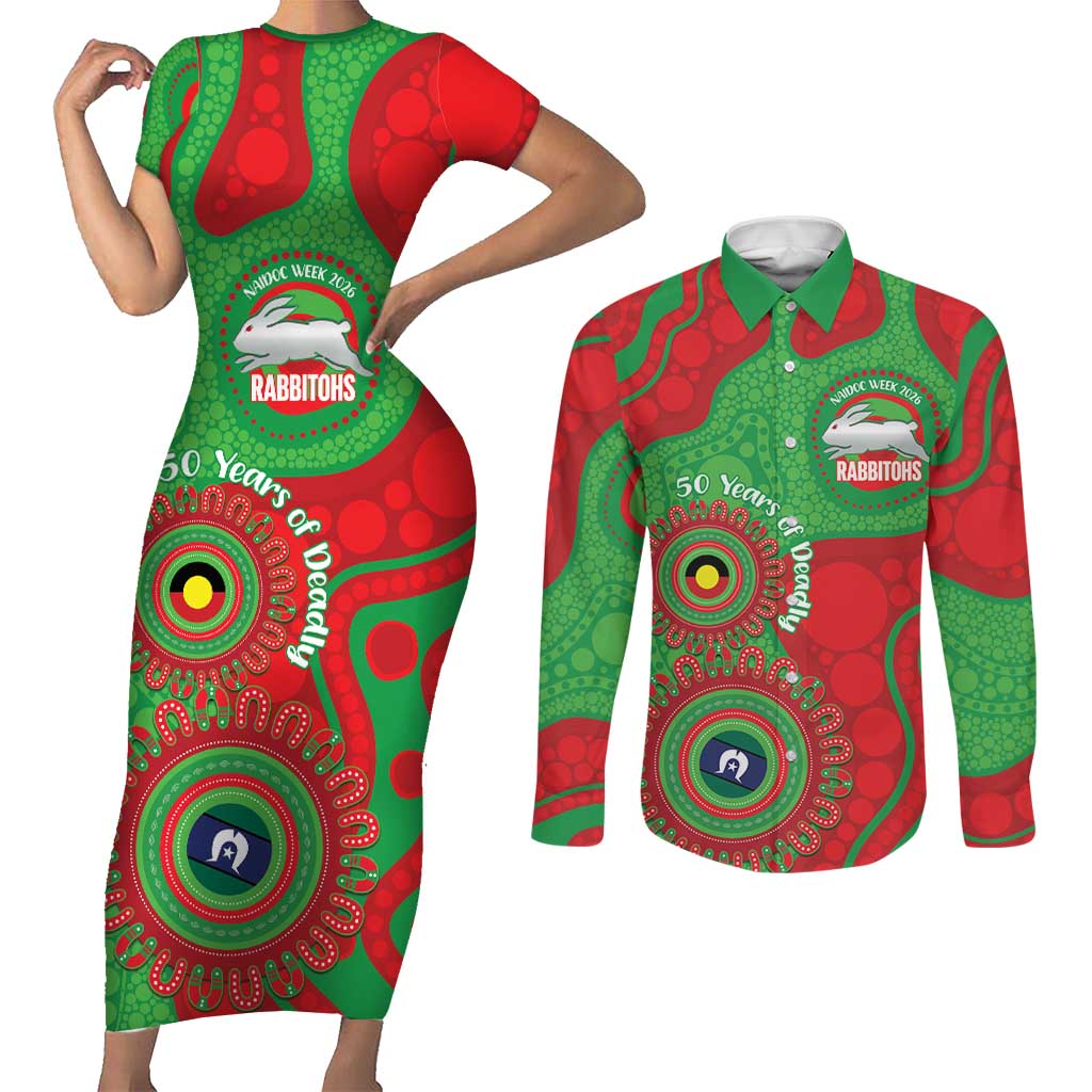 Rabbitohs NAIDOC Week 2026 Personalised Couples Matching Short Sleeve Bodycon Dress and Long Sleeve Button Shirt 50 Years of Deadly Aboriginal Art