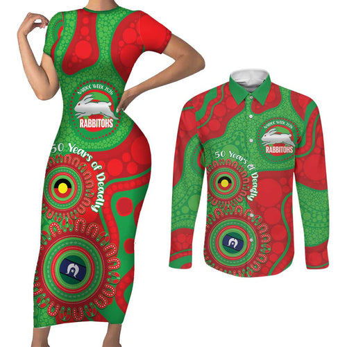 Rabbitohs NAIDOC Week 2026 Personalised Couples Matching Short Sleeve Bodycon Dress and Long Sleeve Button Shirt 50 Years of Deadly Aboriginal Art