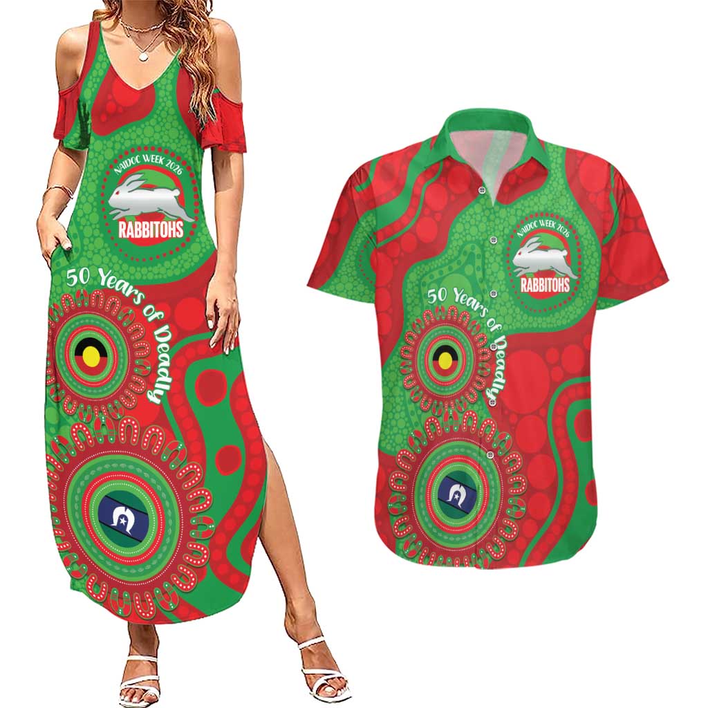 Rabbitohs NAIDOC Week 2026 Personalised Couples Matching Summer Maxi Dress and Hawaiian Shirt 50 Years of Deadly Aboriginal Art