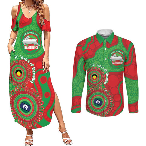 Rabbitohs NAIDOC Week 2026 Personalised Couples Matching Summer Maxi Dress and Long Sleeve Button Shirt 50 Years of Deadly Aboriginal Art