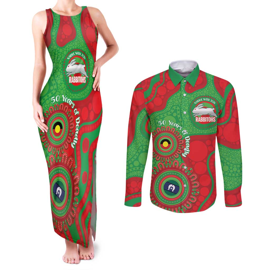 Rabbitohs NAIDOC Week 2026 Personalised Couples Matching Tank Maxi Dress and Long Sleeve Button Shirt 50 Years of Deadly Aboriginal Art